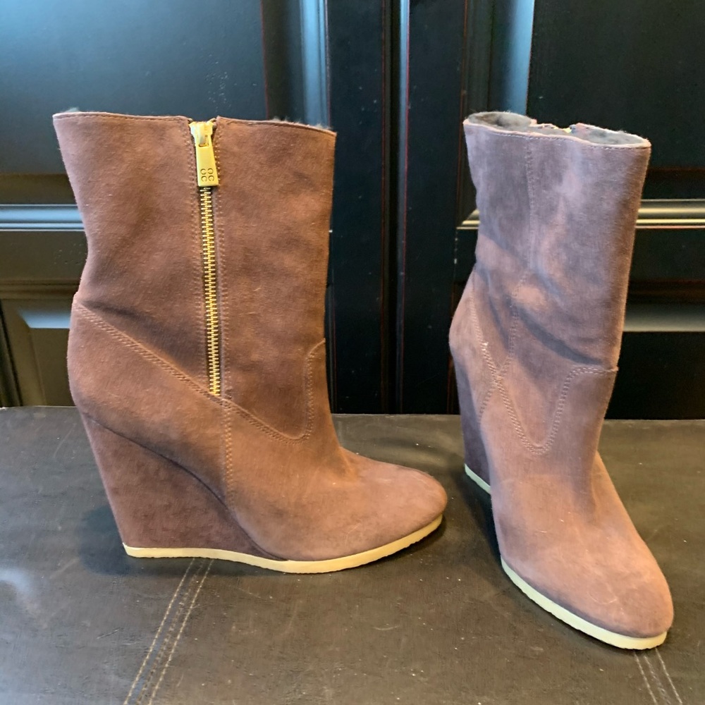New brown COACH suede wedge ankle boots